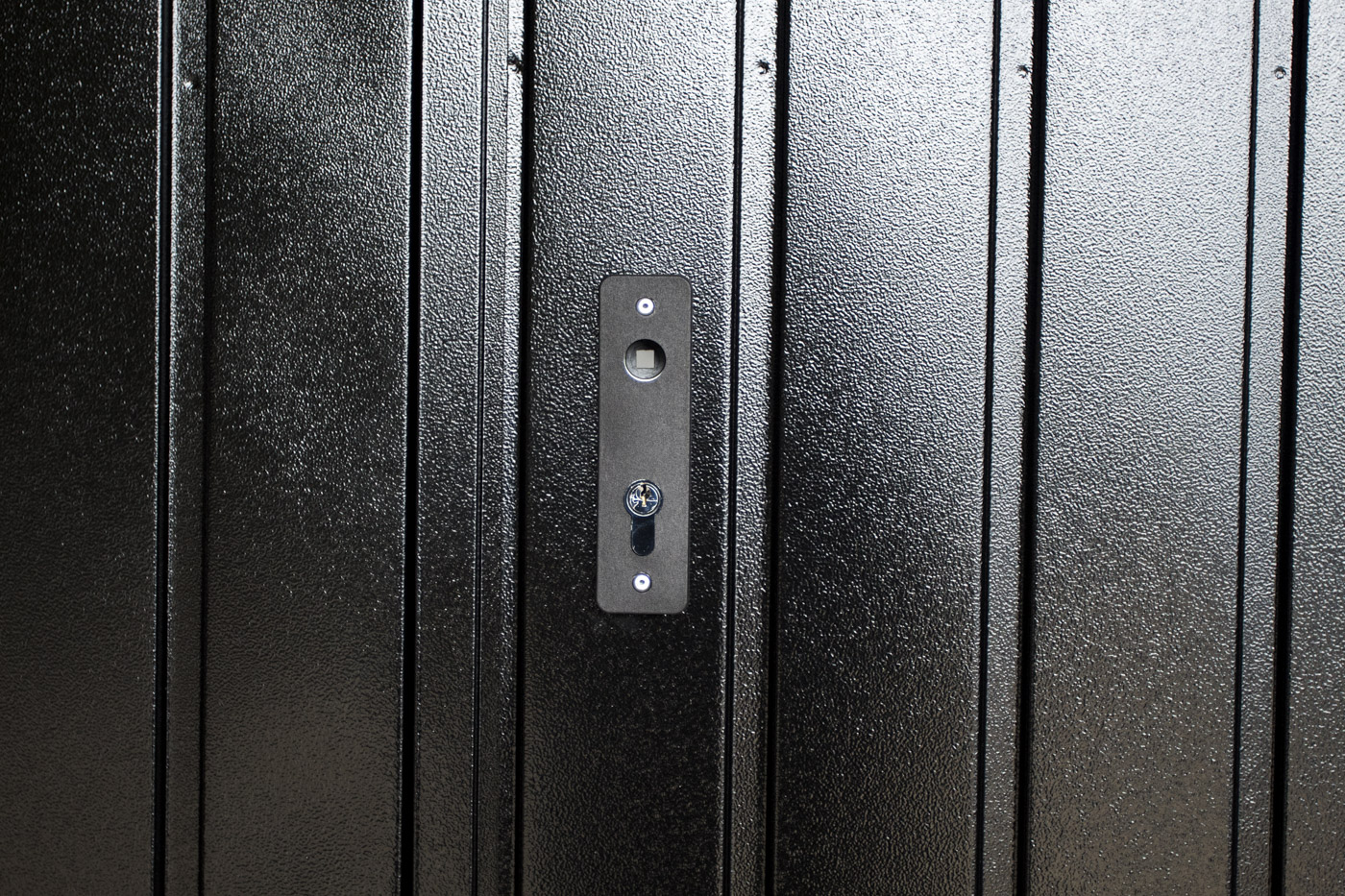 Fort Vertical Small Rib Side HInged Garage Door in Jet Black